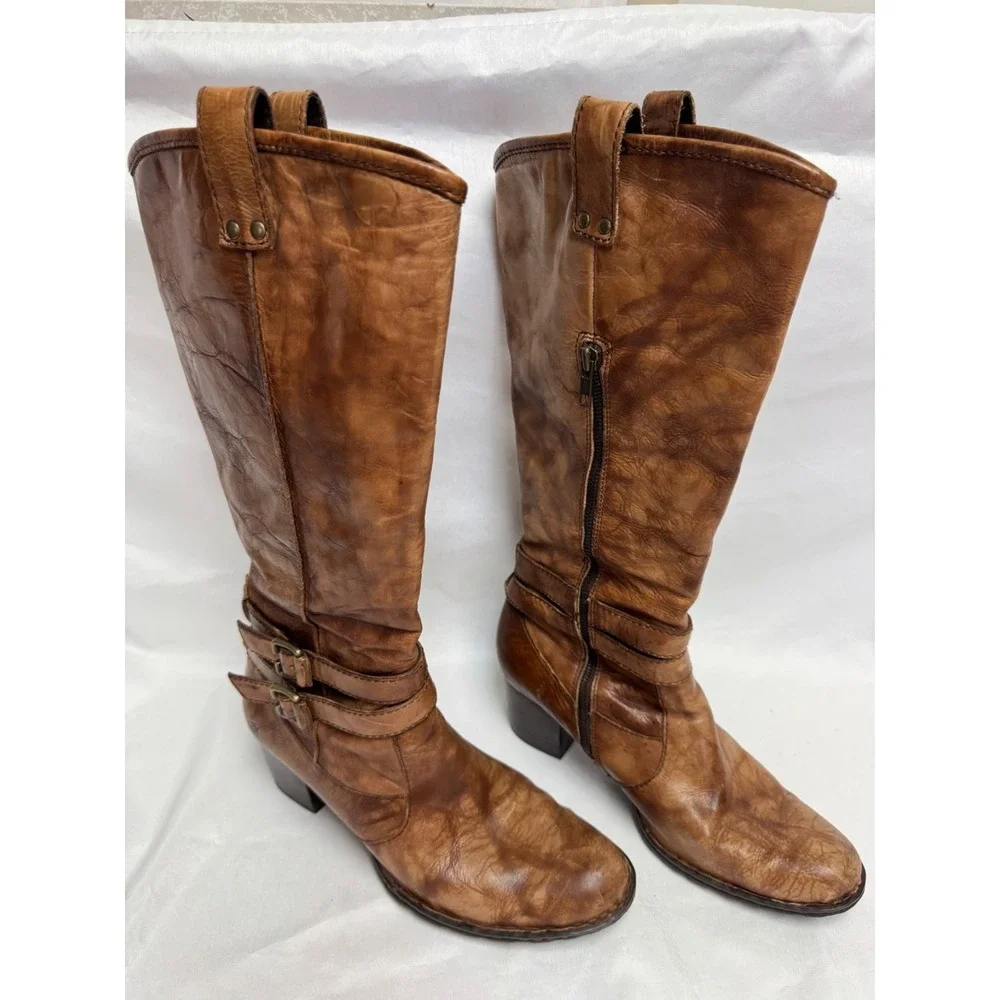 Womens Born Brown Leather Knee High Boots Riding Distressed Size 10